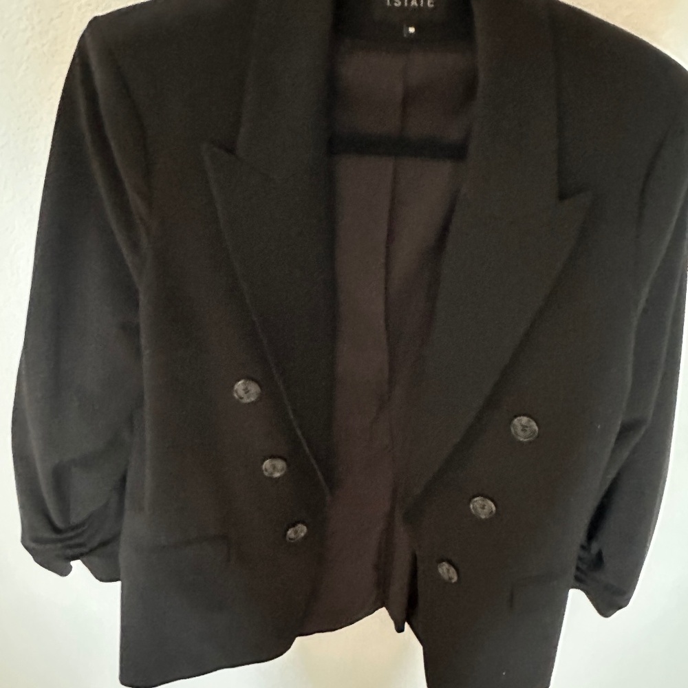 Ladies Double Breasted Blazer by 1 STATE, Size 10, Black, ruched sleeves